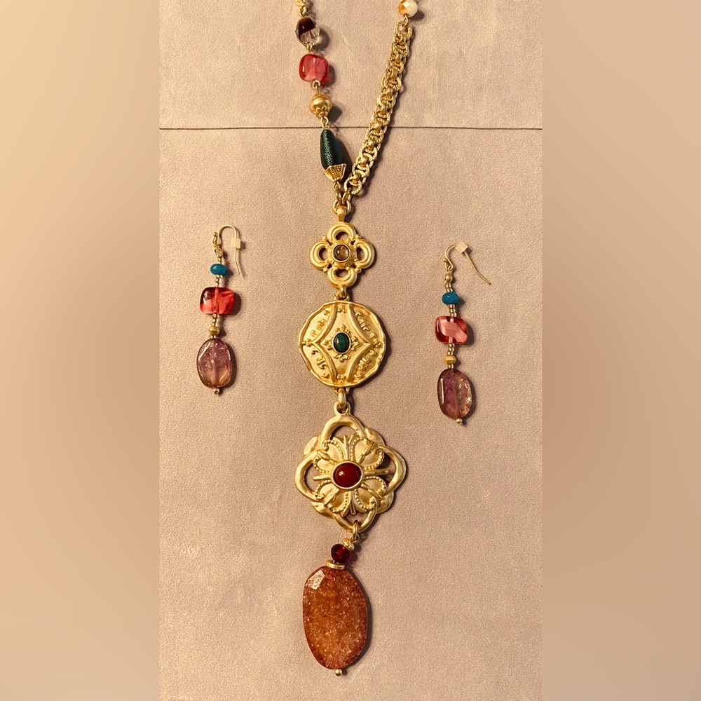 Chico Embossed Gold & Red Pendant Necklace /Earrings With Red, Turquoise Stones